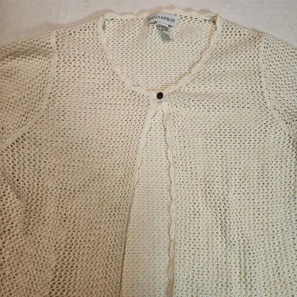 Sag Harbor L Crochet Knit Cardigan Scalloped Trim Cream Ivory Cottagecore Boho - Picture 2 of 11